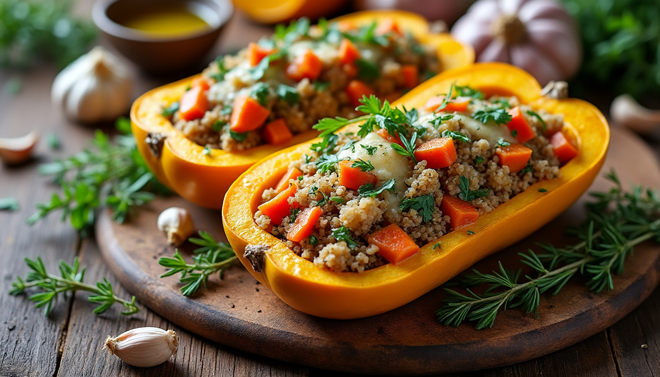 découvrez notre recette gourmande de butternut farcie au four, un plat savoureux qui ravira toutes les papilles avec ses saveurs riches et réconfortantes.