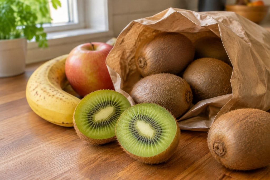 découvrez comment faire mûrir des kiwis rapidement à la maison grâce à des astuces simples, comme le sac en papier et la proximité d’une pomme.